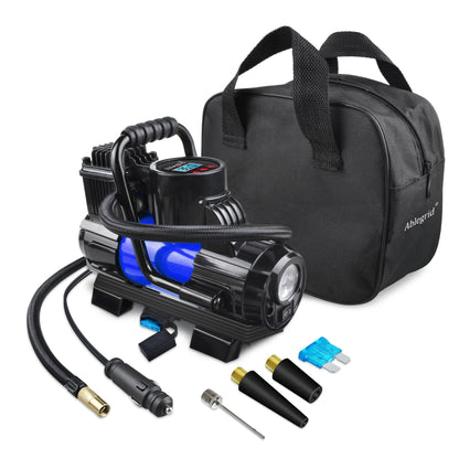 150 PSI 12V Tire Inflator with Analog Pressure Gauge, Carry Bag, Hose Accessories and Yellow or Blue Housing
