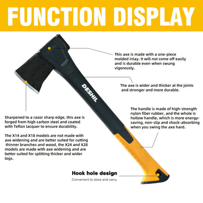 Carbon Steel Camping Hatchet Wood Splitting Axe – Teflon-Coated Forged Steel Blade, Shock-Absorbing Fiber Handle, Anti-Rust & Non-Slip