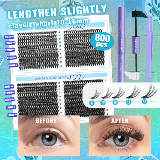 800-Piece 30D and 40D Lash Cluster Kit with Mixed 8–16mm Lengths, Bond-Seal Tube and Tweezers