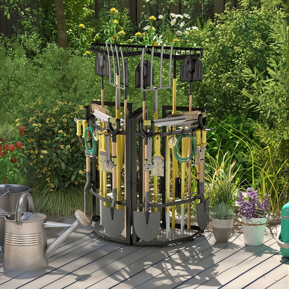 Wall Mount Tool Organizer Rack - Metal Garden Tool Storage with Hooks for Shovels, Rakes & Long-Handled Tools