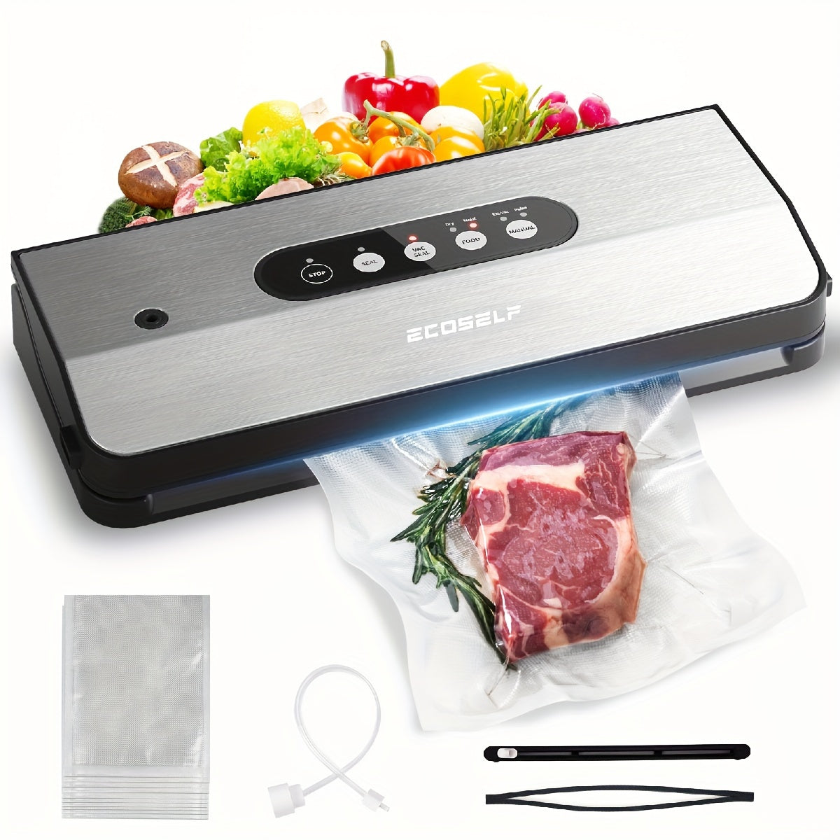 SJ2090 65KPa Vacuum Sealer with Dry, Moist, Pulse and Canister Modes, Cutter, Hose and 10 Bags