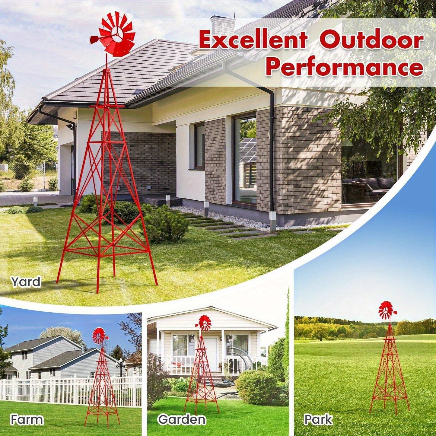 Decorative Windmill 8 ft Metal Outdoor Garden Windmill with Weathervane 4 Ground Stakes All-Weather for Garden, Patio and Yard Use