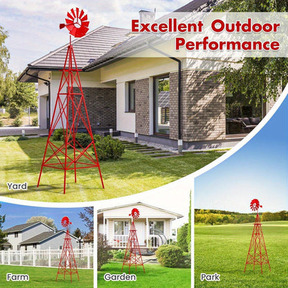 Decorative Windmill 8 ft Metal Outdoor Garden Windmill with Weathervane 4 Ground Stakes All-Weather for Garden, Patio and Yard Use