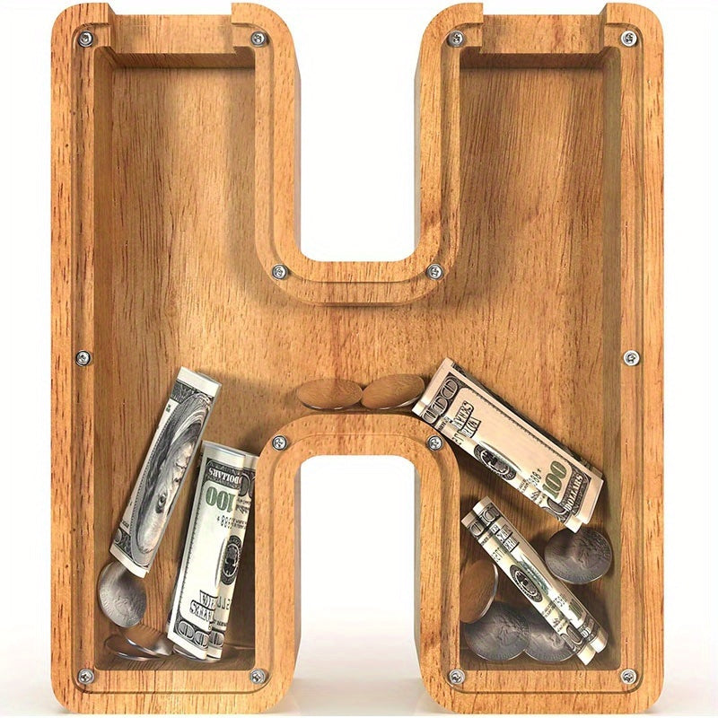 Wooden Letter Penny Bank – Alphabet Coin Bank Savings Box for Kids & Adults, Personalized Money Bank Birthday Gift