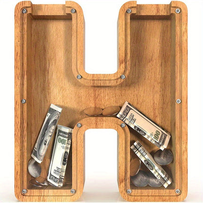 Wooden Letter Penny Bank – Alphabet Coin Bank Savings Box for Kids & Adults, Personalized Money Bank Birthday Gift