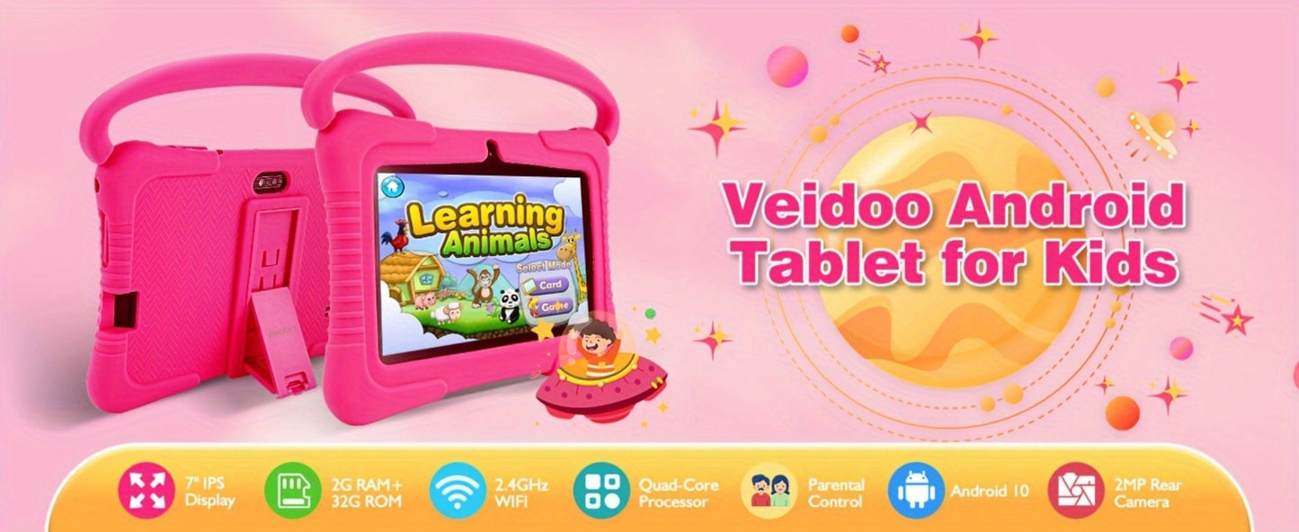 Veidoo 7 Inch Kids Tablet with Drop-Proof Silicone Cover – Eye Protection Screen, WiFi, 2GB RAM 16GB/32GB ROM, Dual Camera