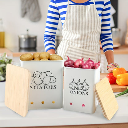 Kitchen Storage Canister Potato Onion Storage Bin Aerating Ventilation Holes Wooden Lid for Home Cooking, Dining and Outdoor Meals