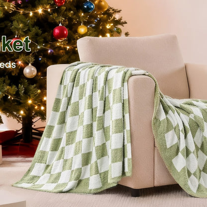 Jacquard Knit Checkered Blanket, Cozy Fluffy Plaid Throw for Couch, Bed & Sofa, All Seasons, 4 Colors