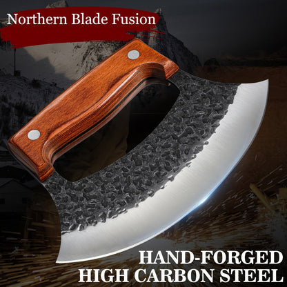 Hand-Forged Ulu Knife Rocker Blade High Carbon Steel Full Tang Rosewood Handle with Leather Sheath & Gift Box