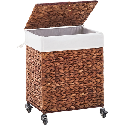 Laundry Basket with Lid & Handles – Handwoven Water Hyacinth Wicker Hamper, Removable Cotton Liner