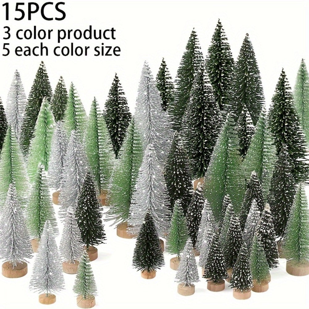 Mini Artificial Christmas Trees Set of 15, Bottle Brush Tabletop Trees with Wooden Base & Snowflake Sprinkles