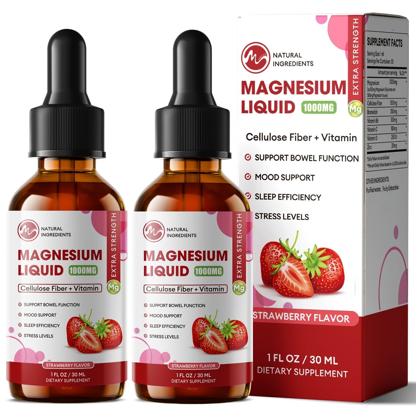 Liquid Magnesium Glycinate Drops 1000mg with Bromelain Cellulose Fiber Vitamin B6 C D & Zinc