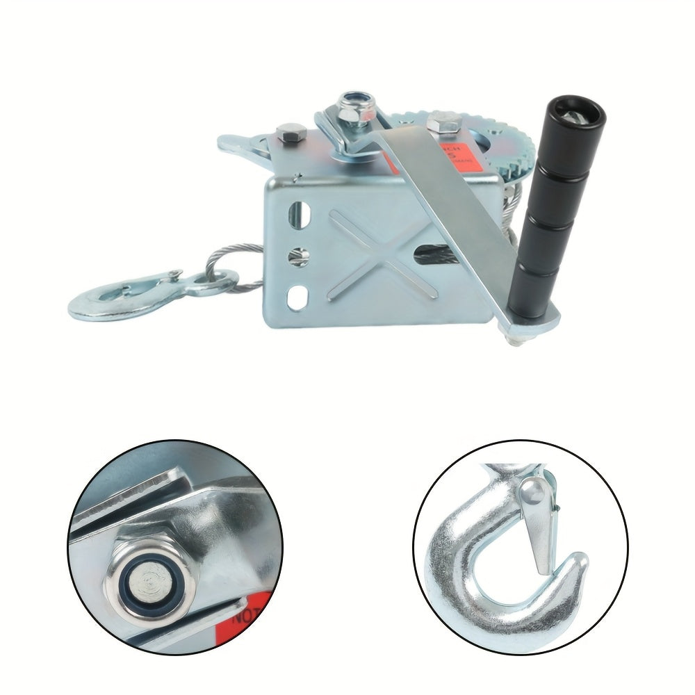 Manual Hand Winch Carbon Steel 800- - Double Brake Safety System, Strap Winch with Mooring Hook & Safety Pawl