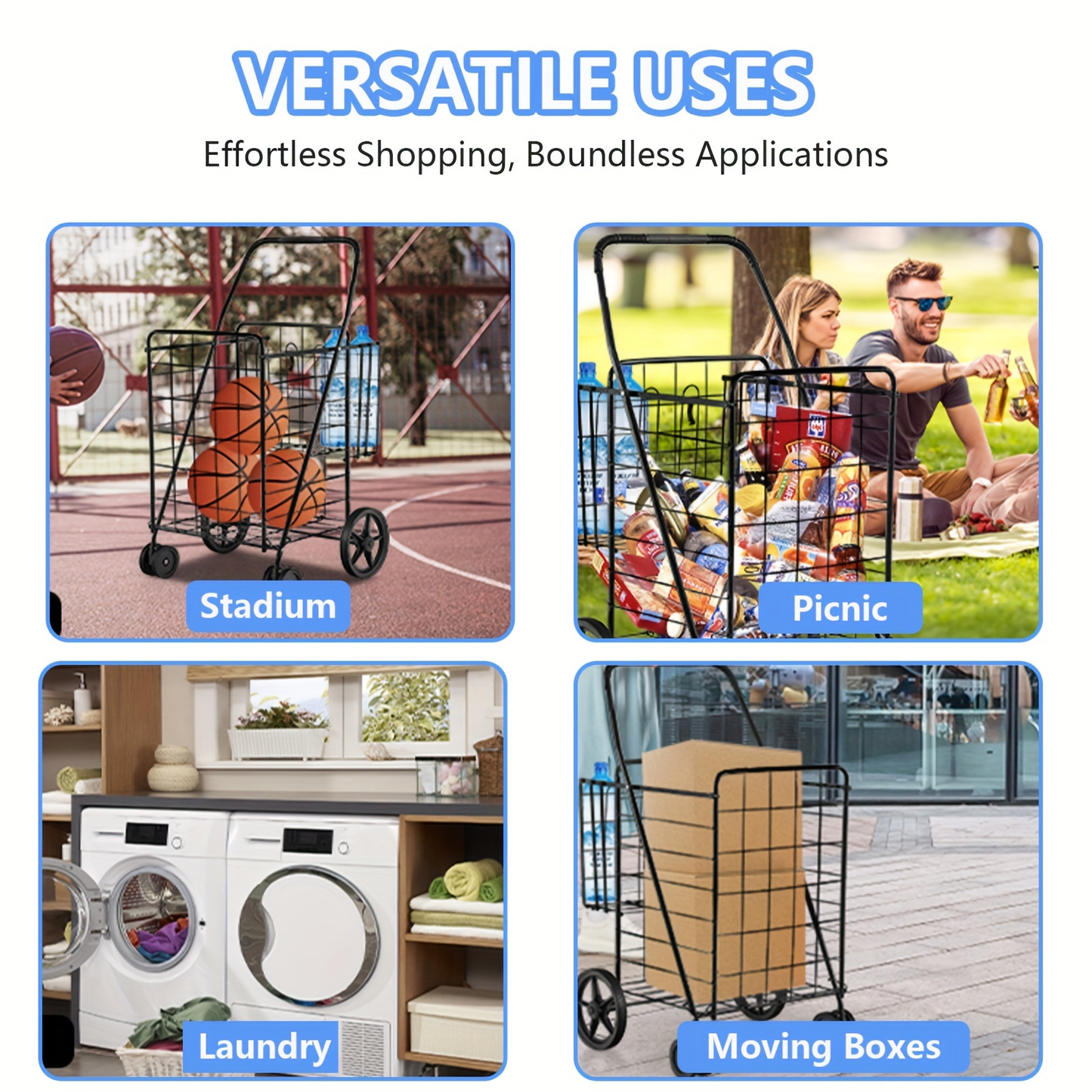 Folding Grocery Cart on Wheels, Double Basket Shopping Cart for Groceries Laundry Foldable Utility Cart
