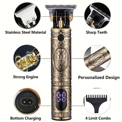 Hair Clipper Retro T-Blade Cordless Trimmer with LED Display, USB Charging and T9 or T10 Style Options
