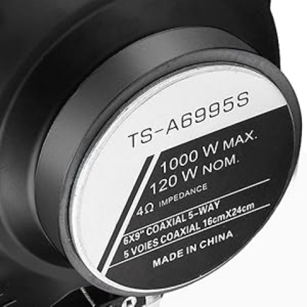 Pair of 6 x 9 Inch Five-Way Coaxial Car Speakers Labeled 1000W Peak, 120W RMS and 4 Ohms with Grilles