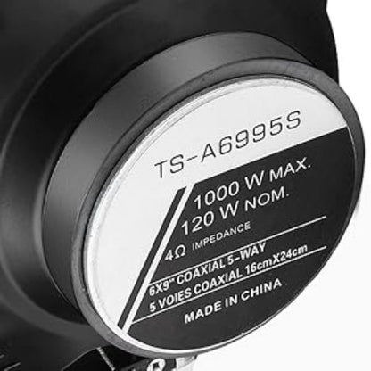 Pair of 6 x 9 Inch Five-Way Coaxial Car Speakers Labeled 1000W Peak, 120W RMS and 4 Ohms with Grilles
