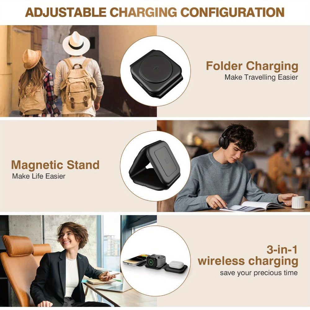 Charging Station for Apple Devices, Foldable 3-in-1 15W MagSafe-Compatible Travel Pad in Black for Apple Devices
