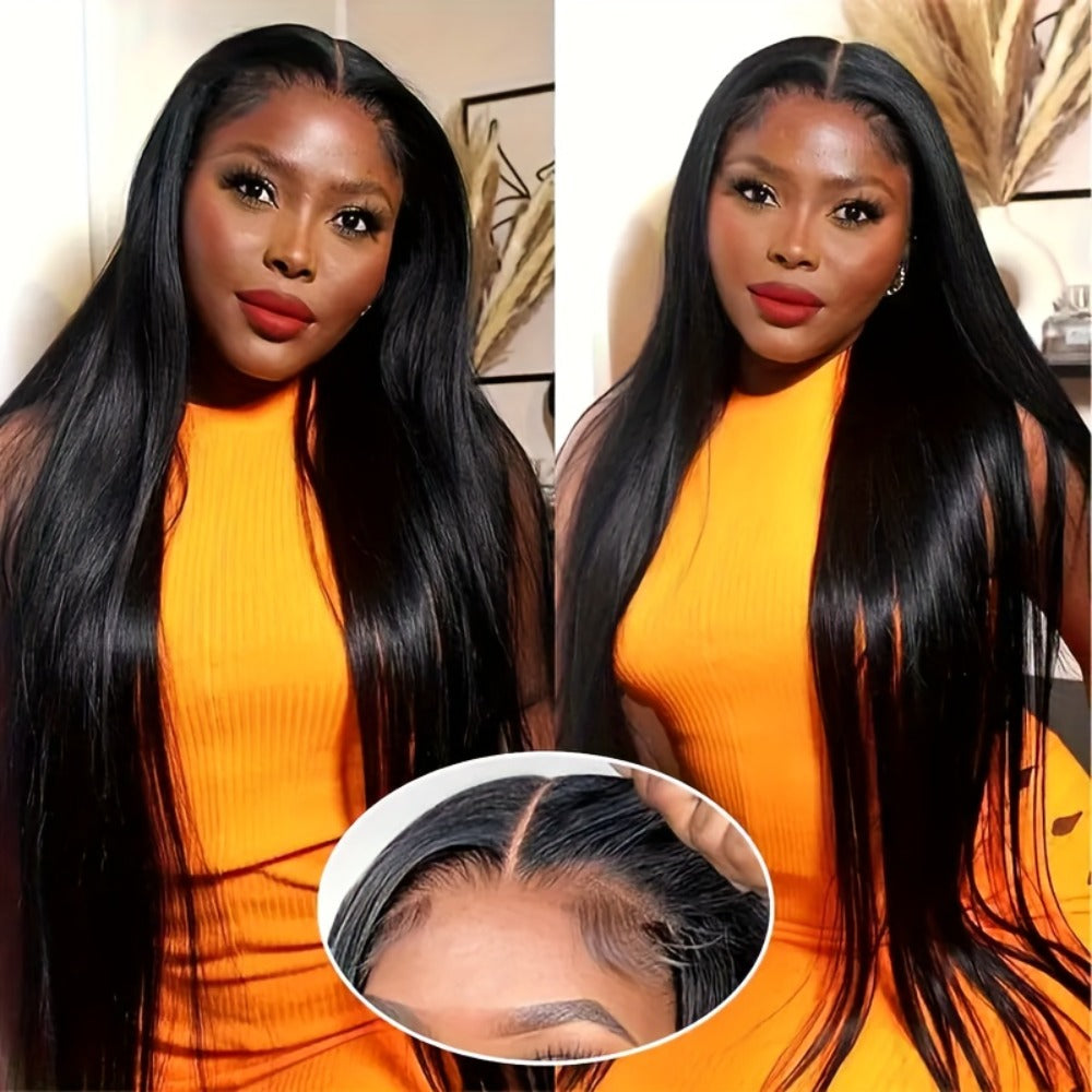 Wig Bone-Straight Glueless Human Hair in Natural Black, 10-34 Inch Options with Pre-Cut 6x4.5 Lace