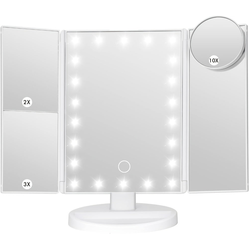 LED Tri-Fold Makeup Mirror with Touch Screen, 1X/2X/3X/10X Magnifying Vanity Mirror, Flexible Adjustable Base