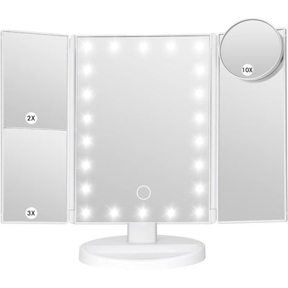LED Tri-Fold Makeup Mirror with Touch Screen, 1X/2X/3X/10X Magnifying Vanity Mirror, Flexible Adjustable Base