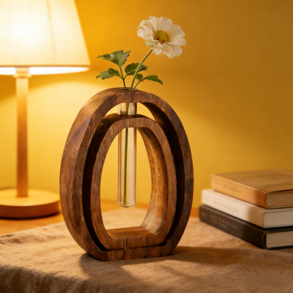 Hydroponic Planter Set 4pcs Walnut Wood & Glass Vase Aerated Root Vertical Aquatic System Desk Decor Home Office Space-Saving
