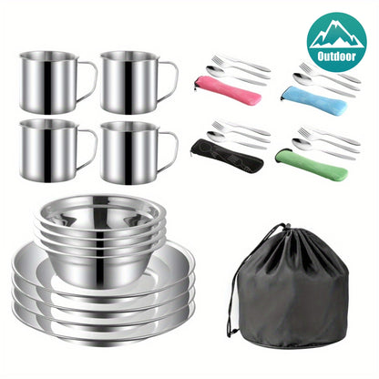 Stainless Steel Camping Mess Kit 29 Piece Dinnerware Set – Plates Bowls Mugs Cutlery, for Camping, Travel and Outdoor Use