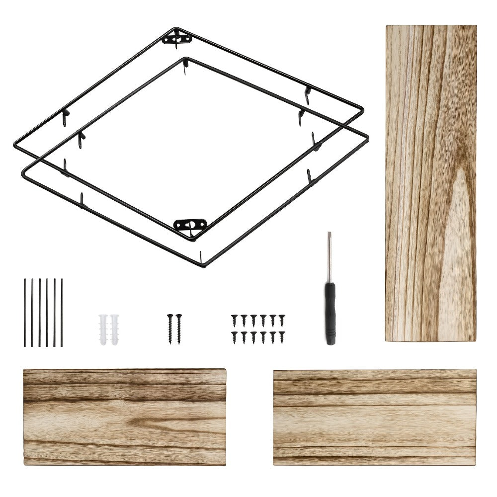 Three-Tier Diamond Wall Shelf with Dark Brown Boards, Black Wire Frame and 50 cm Pictured Height