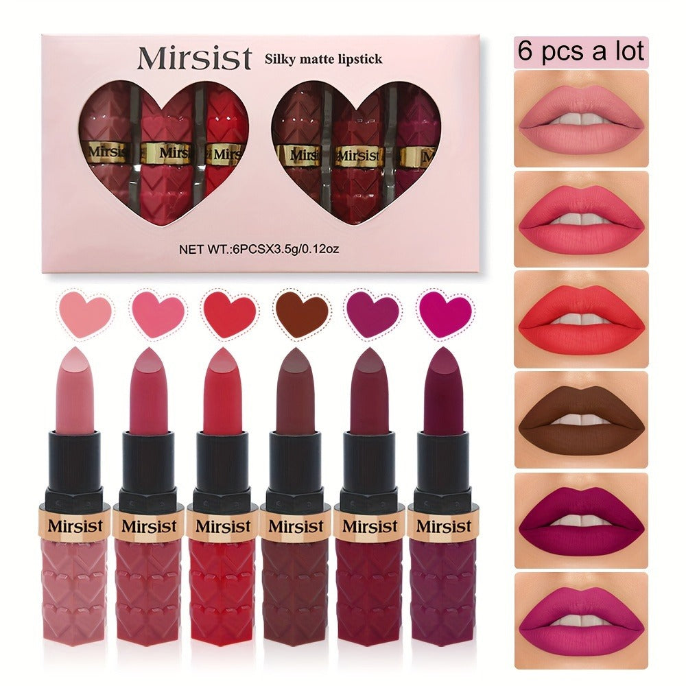 Lipstick Set, Mirsist 6-Piece Silky Matte Bullet Collection in Nude, Red, Brown, Berry and Plum Colors