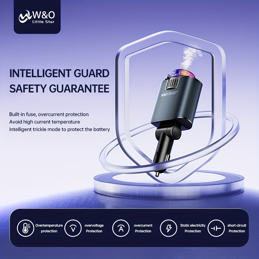Car Charger with 80 cm Retractable Cable, Aroma Diffuser and Red Star Projector in a Black Plug-In Design