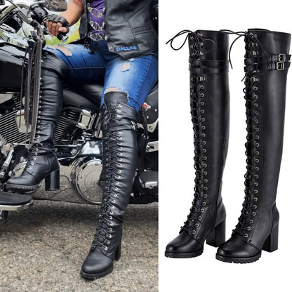 Women's Over-the-Knee Biker Boots, Faux Leather Thigh High Lace-Up Knee High Boots with Chunky Heel & Buckle