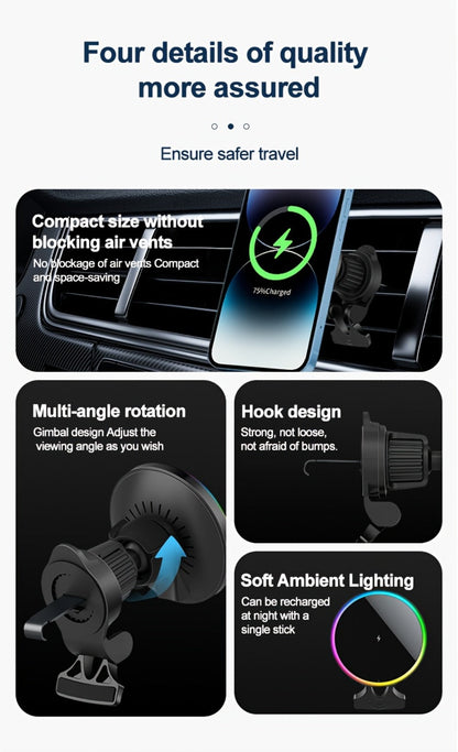 Wireless Car Charger with USB-C Adapter Included 15W Magnetic Vent Dashboard Phone Mount for iPhone 17 16 15 14 13 12 Pro Max