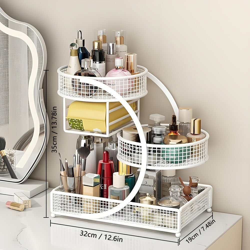 3-Tier Metal Cosmetic Organizer with Tissue Box Holder No-Installation Countertop Makeup Skincare Storage Rack for Bathroom Dresser Vanity