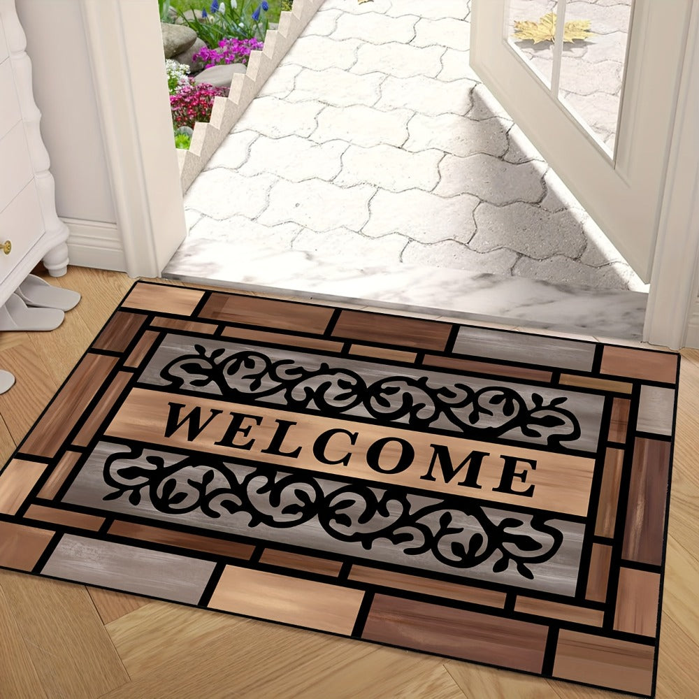 Welcome Doormat Wood Pattern – Entrance Mat with Polypropylene Backing, Indoor Outdoor Floor Mat for Front Door