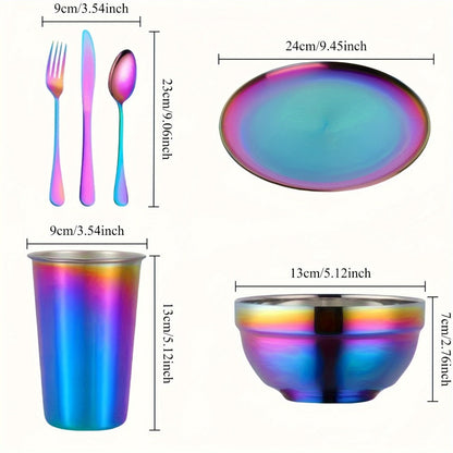 Camping Tableware Set Stainless Steel Rainbow Plates Bowls Cups with Forks Spoons Knives Outdoor for Camping, Travel and Outdoor Use