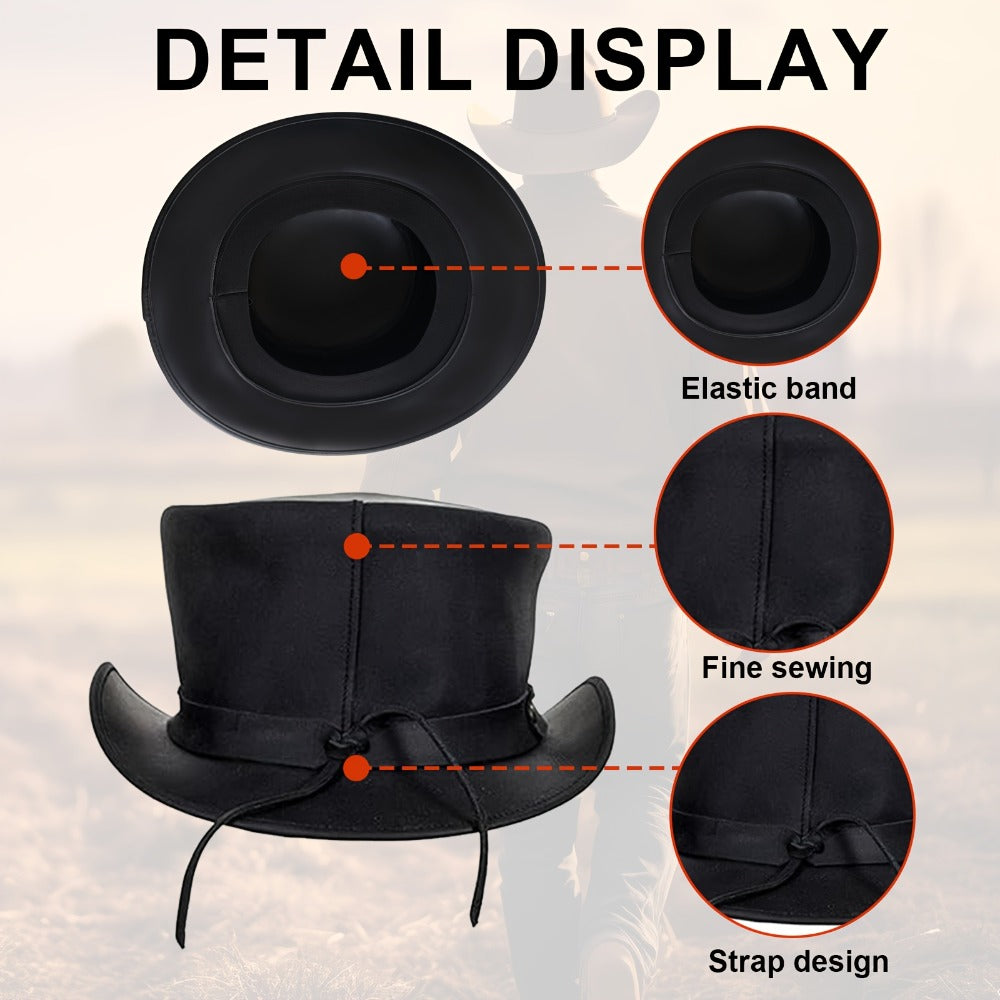 Genuine Leather Top Hat Steampunk – Shapeable Wide Brim Gentleman Hat for Men Women, Halloween Costume Topper, Deadman Victorian Derby Hat