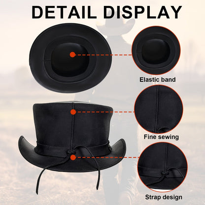 Genuine Leather Top Hat Steampunk – Shapeable Wide Brim Gentleman Hat for Men Women, Halloween Costume Topper, Deadman Victorian Derby Hat