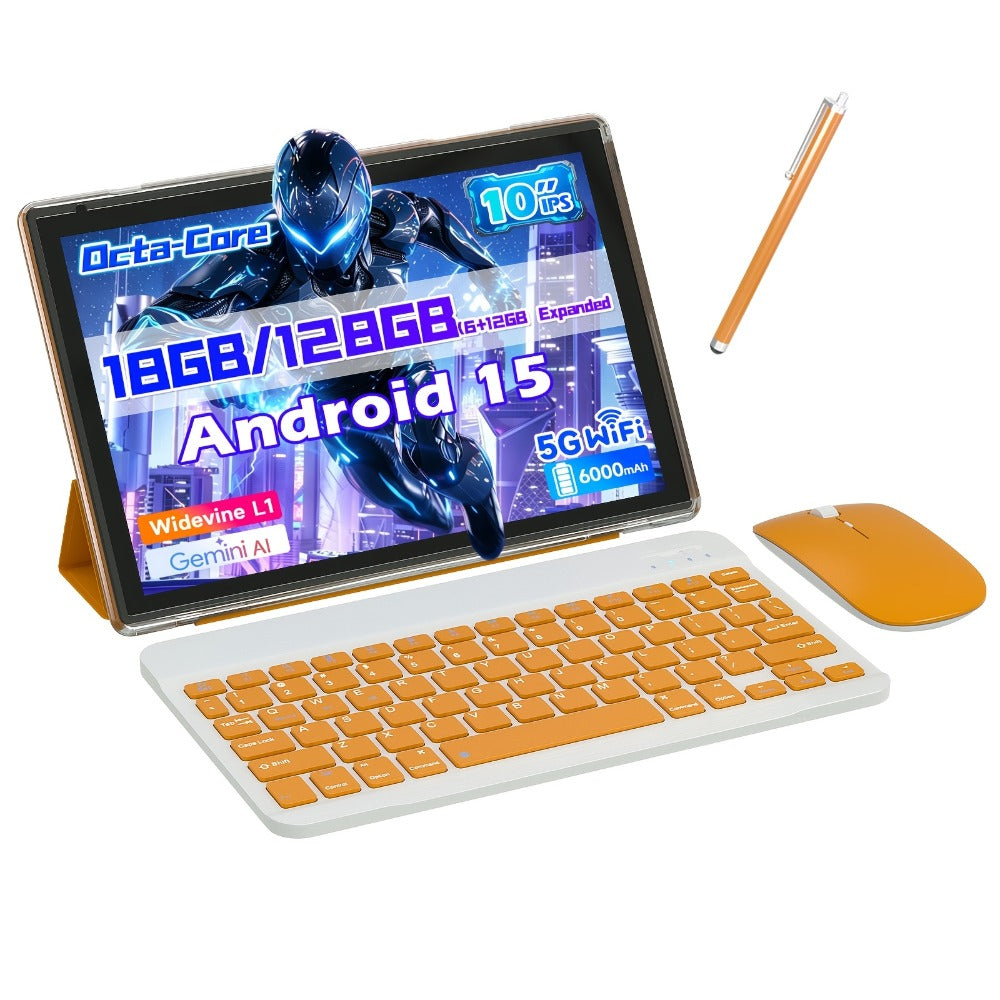 10.1-Inch Android 15 Tablet with 18GB Configured Memory, 128GB Storage, Dual-Band Wi-Fi and Keyboard Set Options