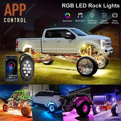 RGB LED Rock Lights Kit for Trucks & Off-Road – App & Remote Control, Music Mode, Underglow Neon Lights for SUV, ATV, UTV