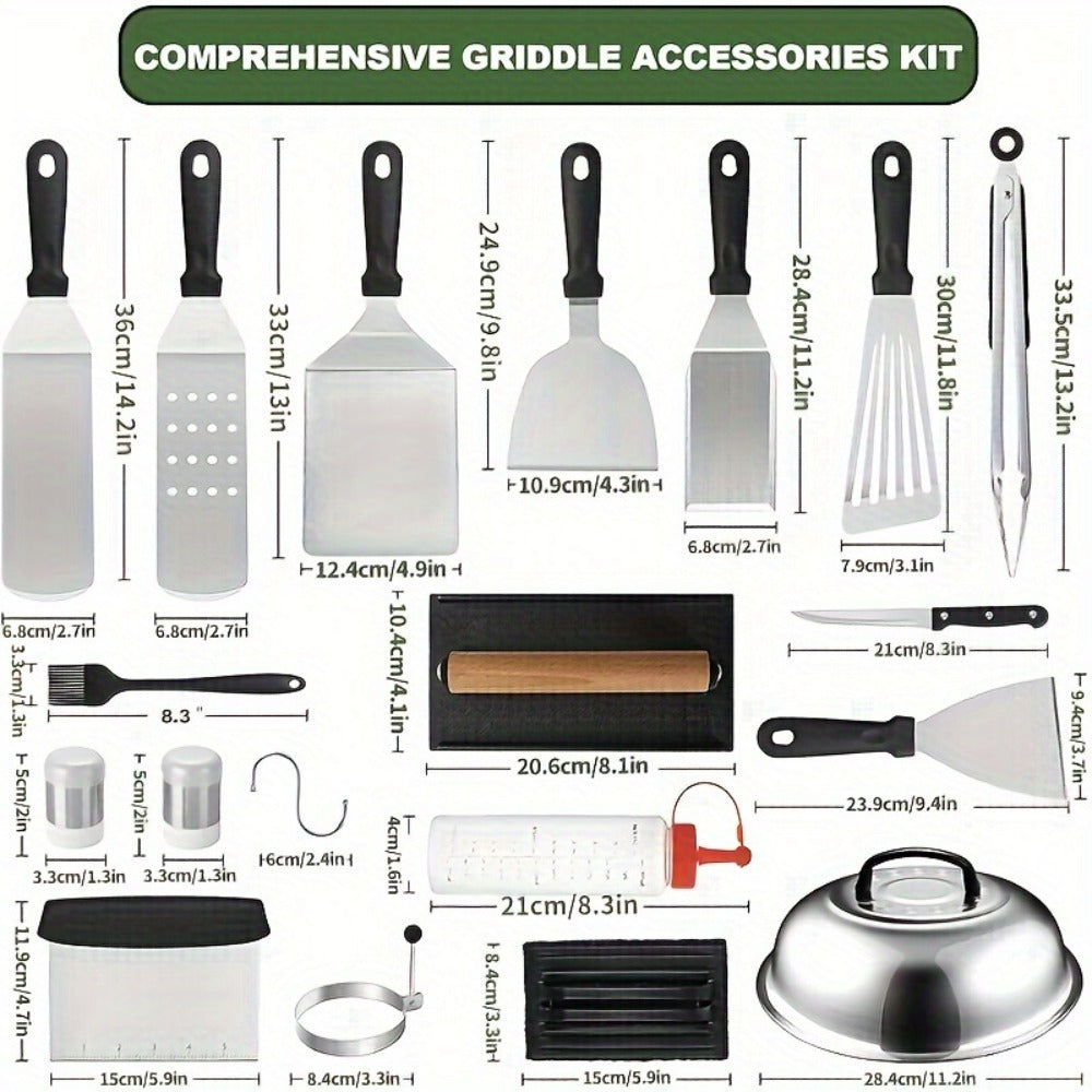 Griddle Accessories Kit 34 Piece Stainless Steel – Flat Top Grill Set with Enlarged Spatulas, Basting Cover
