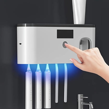 Wall-Mounted Toothbrush Organizer with Four Hanging Slots, Top Tray, Dispensing Port and Two Color Styles