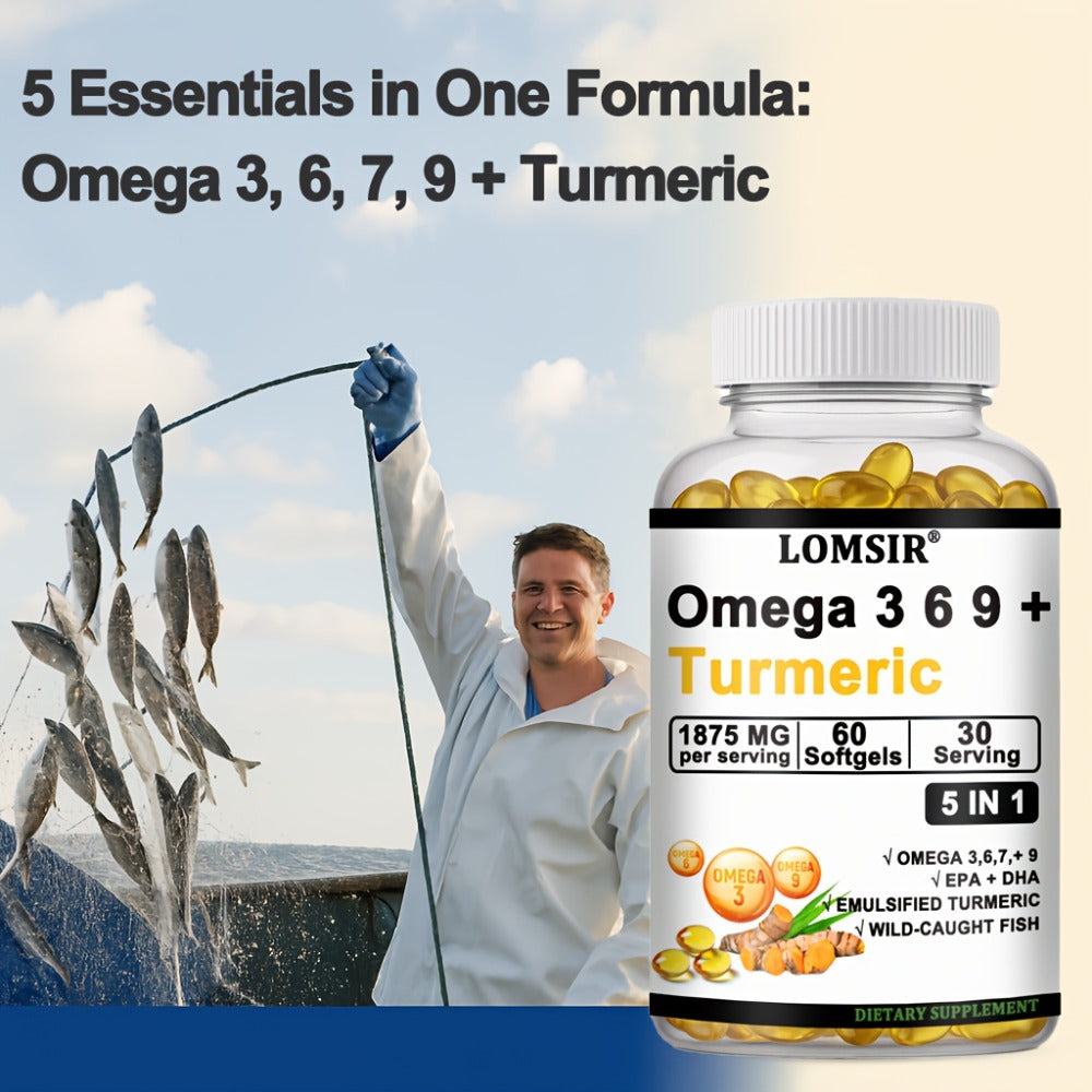 Omega 3-6-9 & Turmeric Softgels with DHA & EPA, Wild Fish Oil Blend, Emulsified Turmeric for Heart