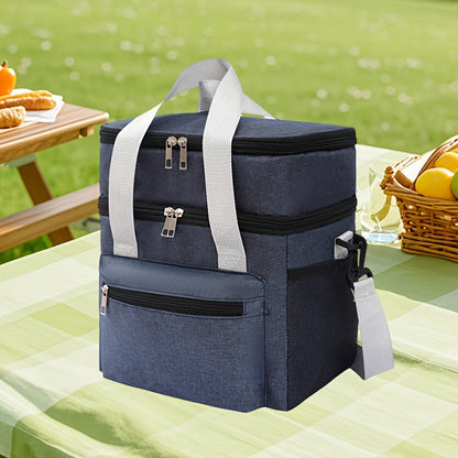 Double-Layer Lunch Bag Tote with Upper and Lower Compartments, Shoulder Strap and Four Colors