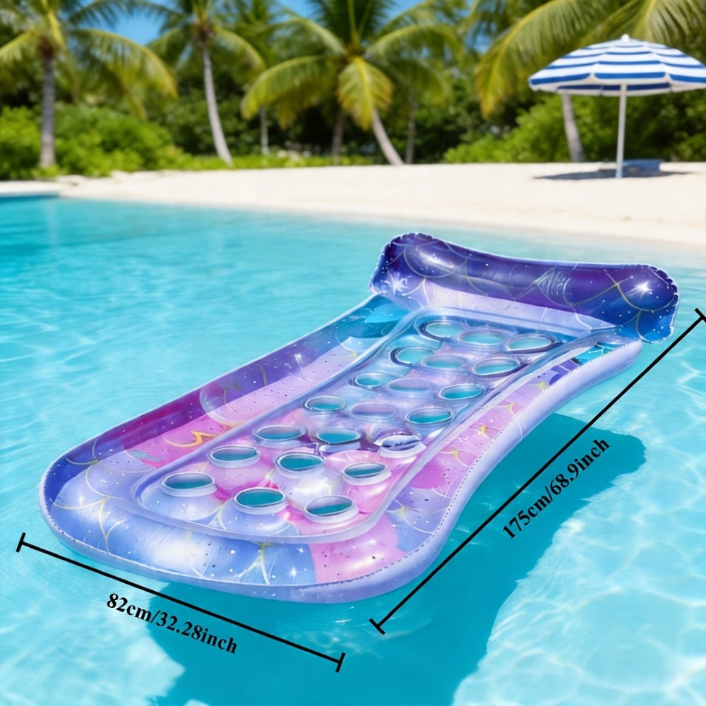 Rectangular Inflatable Pool Bed with Raised Pillow, Round Vent Holes and Rainbow or Mermaid Designs