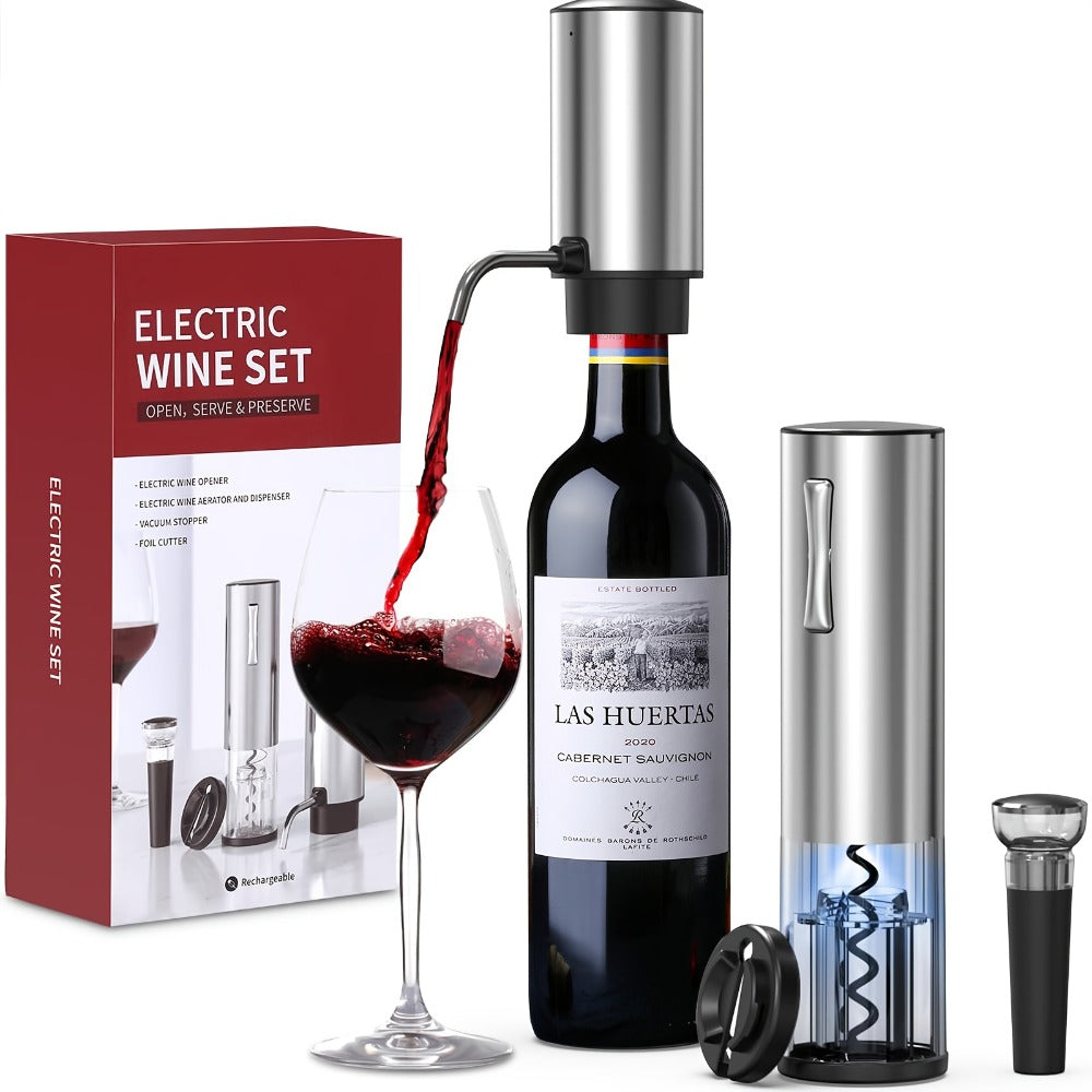 Electric Wine Opener Gift Set 7-in-1 Rechargeable Automatic Corkscrew Stainless Steel with Aerator Pourer Vacuum Stoppers Foil Cutter