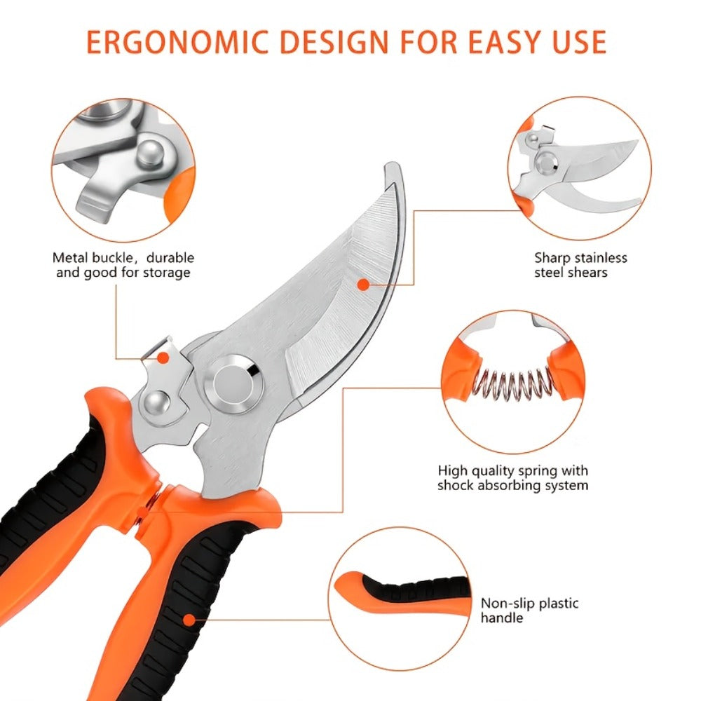 Gardening Pruning Tool Set 8 Piece Stainless Steel, Pruning Shears Scissors Pliers Handle with Wiping Cloth