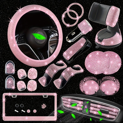 Bling Car Accessories Set 27pcs – Glitter Steering Wheel Cover 15 Inch, Bling License Plate Frame, Phone Holder & Car Coasters for Women