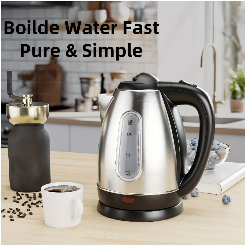 Electric Kettle 1.8L 1200W Stainless Steel with Water Window, Auto Shut-Off and Cordless Base