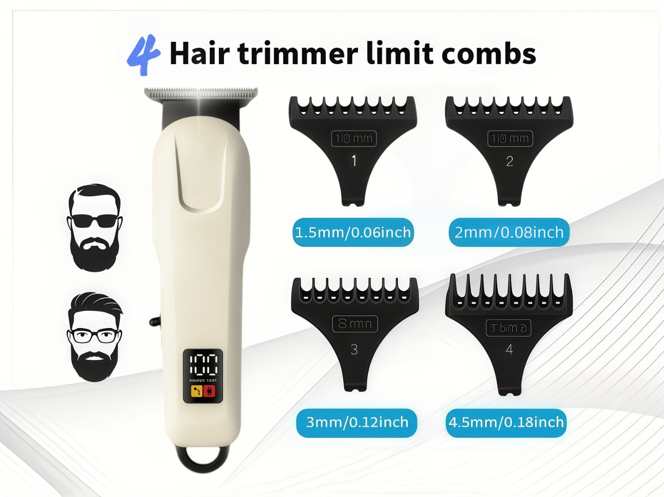 Hair Clippers & Trimmers KLY White Full-Size Clipper with LCD Display, USB Charging and Guide Comb Set