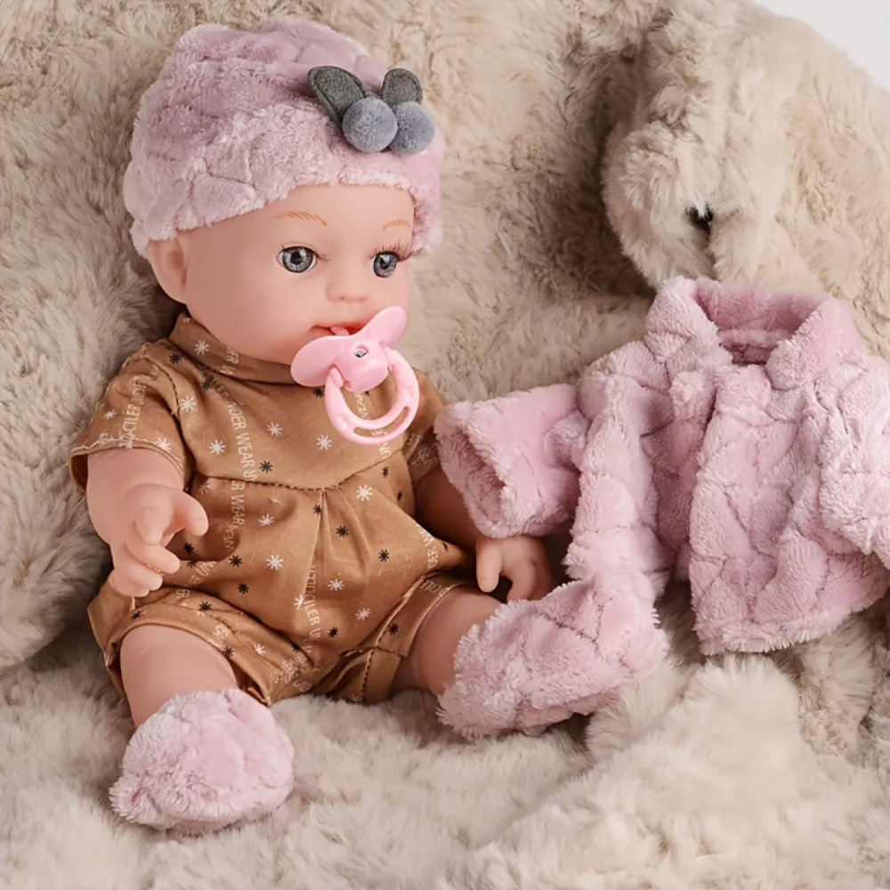 Bunny Ear Baby Doll 12 Inch Pink, Fluffy Bunny Ears PVC Realistic Newborn Comfort Doll, Cute Plush Toy for Boys & Girls Ages 3+